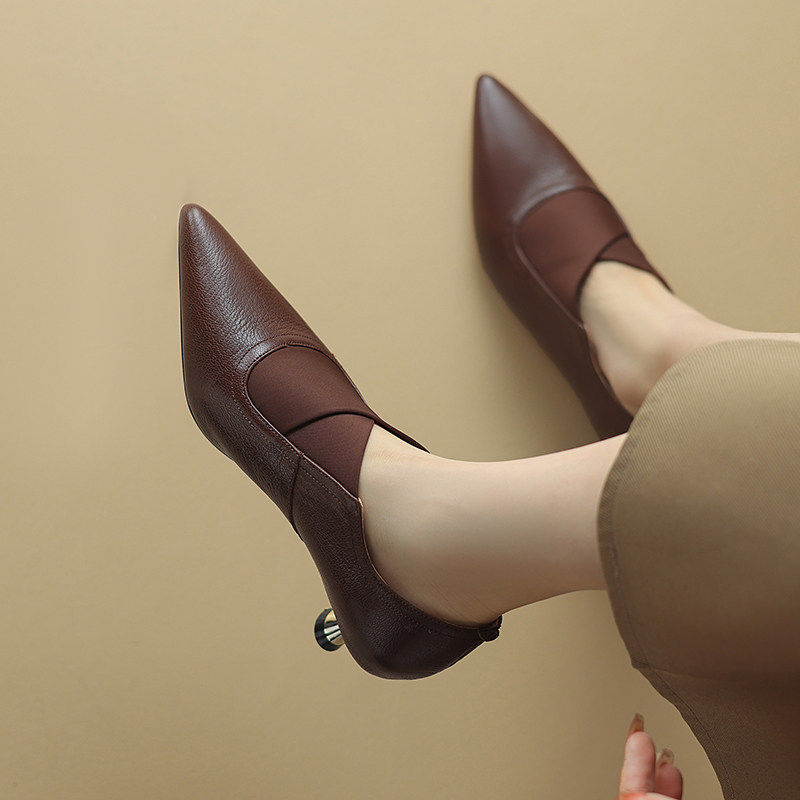 春秋季新款真皮尖头深口单鞋女中跟百搭职场通勤鞋棕色低跟皮鞋子,女鞋,深口单鞋,淘宝优惠券,粉丝福利购,淘宝优惠卷