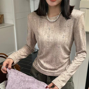 Nnstudio秋冬正肩收腰长袖女重工镶砖复古风晕染打底衫甜辣上衣潮