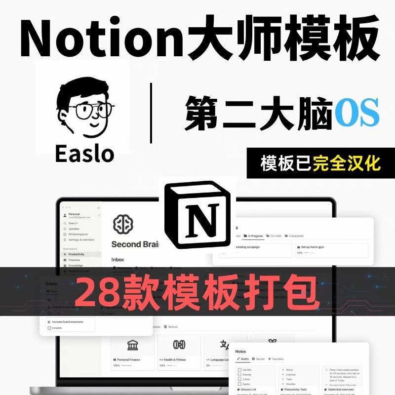 Notion模板 第二大脑人生管理系统中文版PARA电子笔记模板Easlo