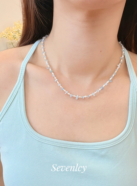 新品【仲夏海风】温柔雾蓝水晶珍珠串珠项链锁骨链女小众