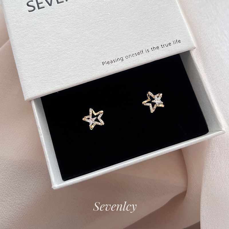 新品【双子星】敲闪精致925银针镂空五角星锆石耳钉耳环