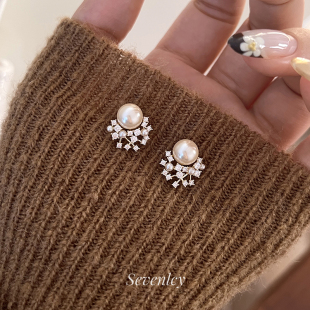 新品 高品爆闪925银针高亮珍珠耳钉耳饰通勤耳环 满天星