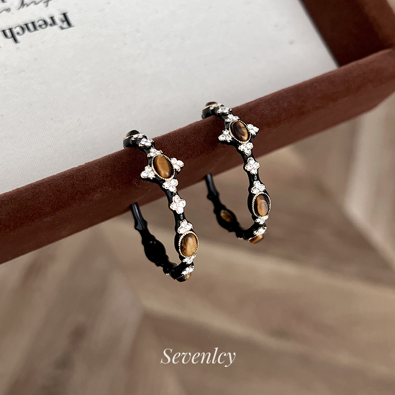 新品【黑森林】高品轻奢！复古琥珀虎眼石黑色耳钉耳圈女