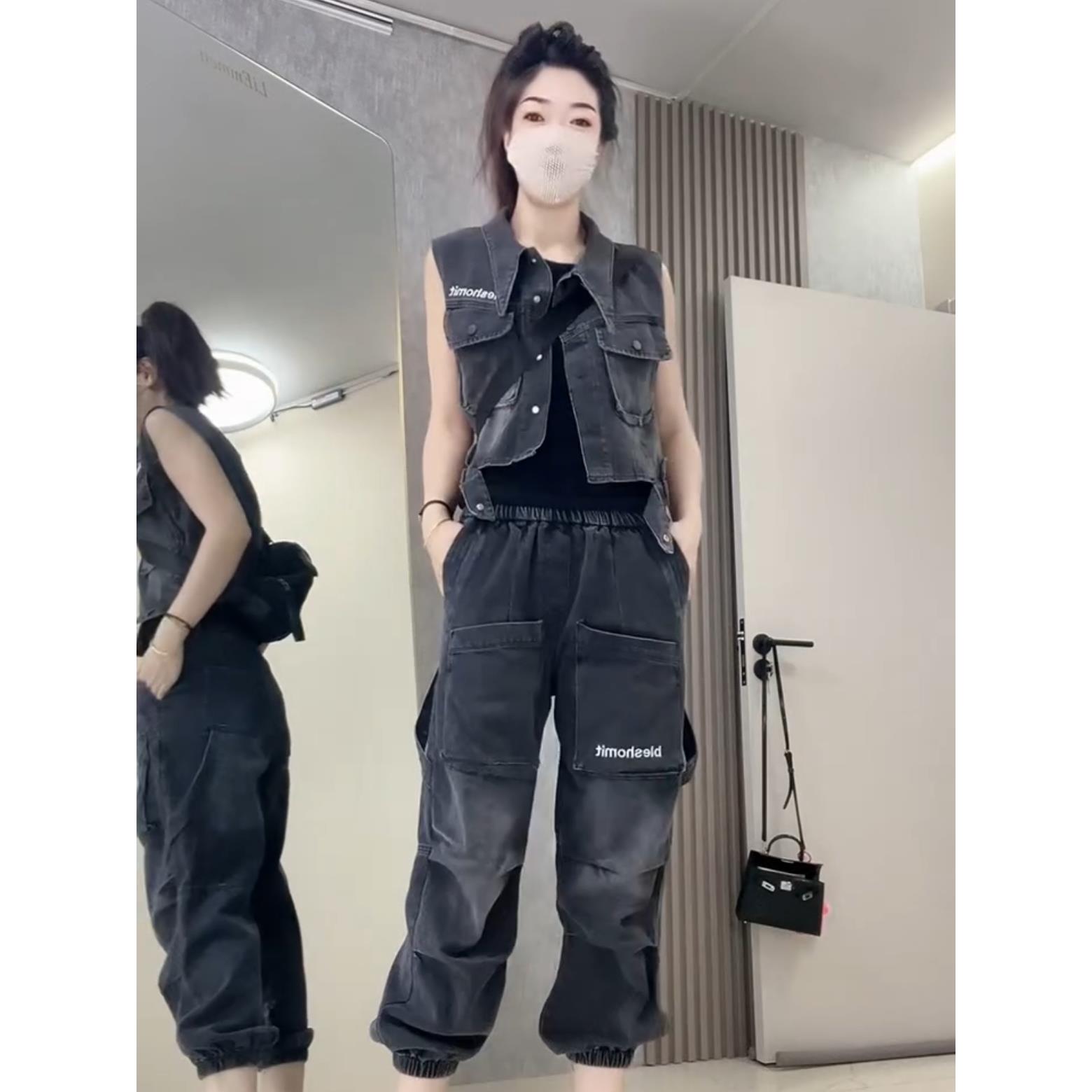 欧货时尚休闲牛仔套装女秋季新款韩版显瘦个性马甲工装裤两件套潮