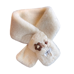 小毛绒清新可爱围巾女秋冬防寒花朵脖套保暖百搭交叉毛毛围脖学生