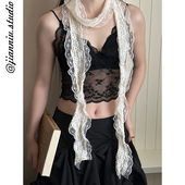 韩系白色蕾丝花边细窄长条丝巾女轻薄透气百搭装 饰飘带系脖小领巾