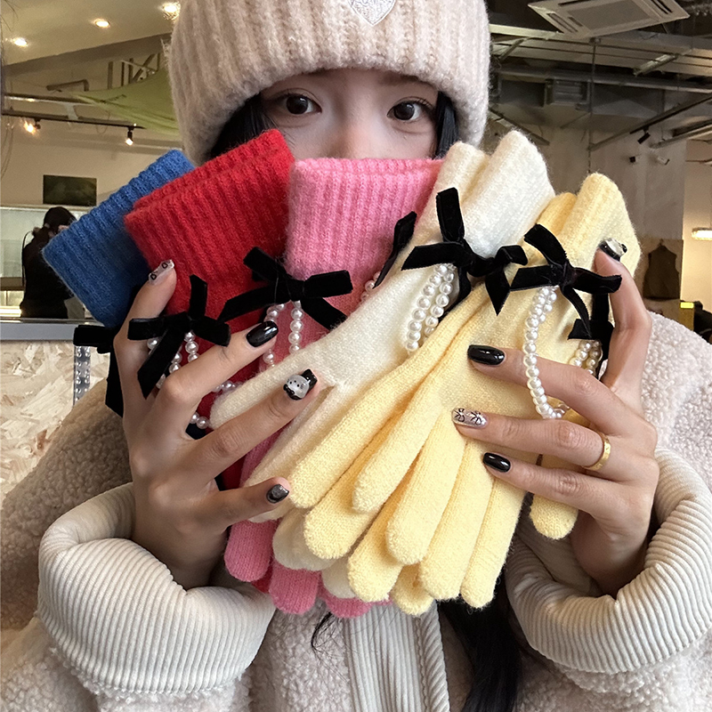 蝴蝶结珍珠链针织毛线手套女秋冬百搭保暖防寒露指可触屏分指手套