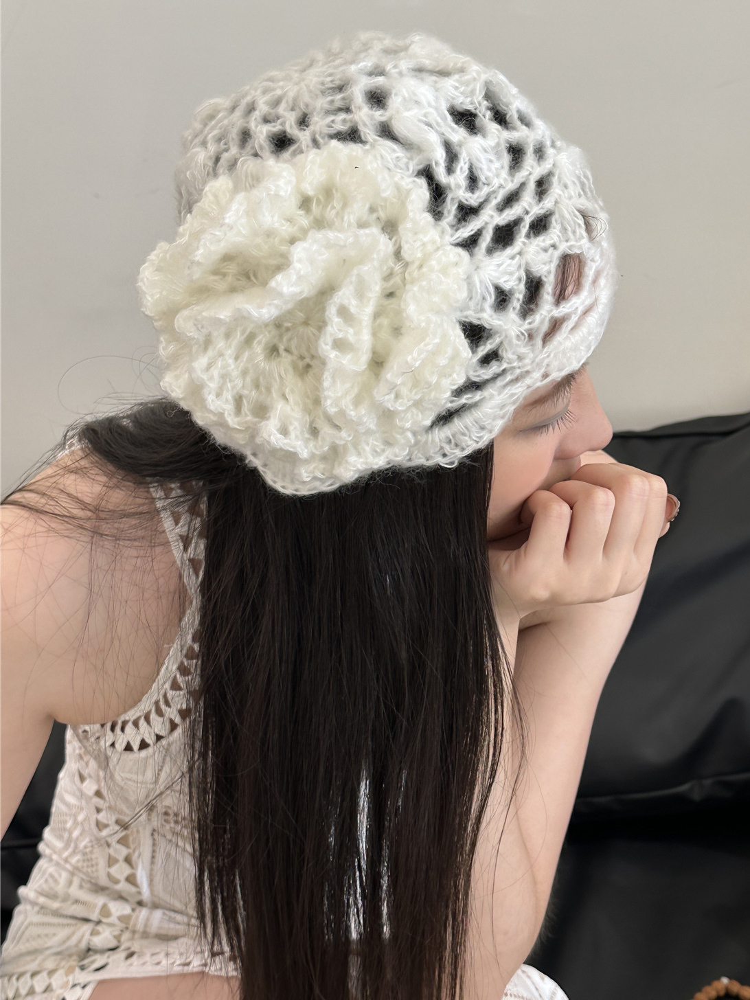 立体花朵镂空包头帽女夏季薄款手工钩花针织帽子个性装饰时尚百搭