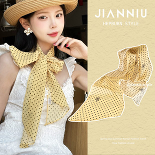 黄色波点玫瑰花朵丝巾2025春夏季新款氛围感时尚百搭系脖领巾飘带