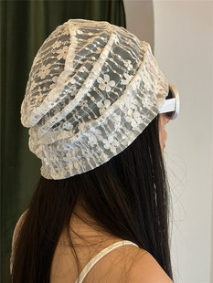 复古新款夏季纱帽女高级感优雅法式蕾丝花朵头巾帽气质装饰套头帽