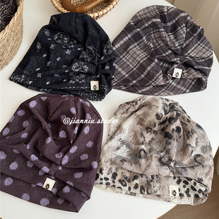 韩版 废土风包头冷帽褶皱套头帽 ins复古格纹头巾堆堆帽女春夏时尚