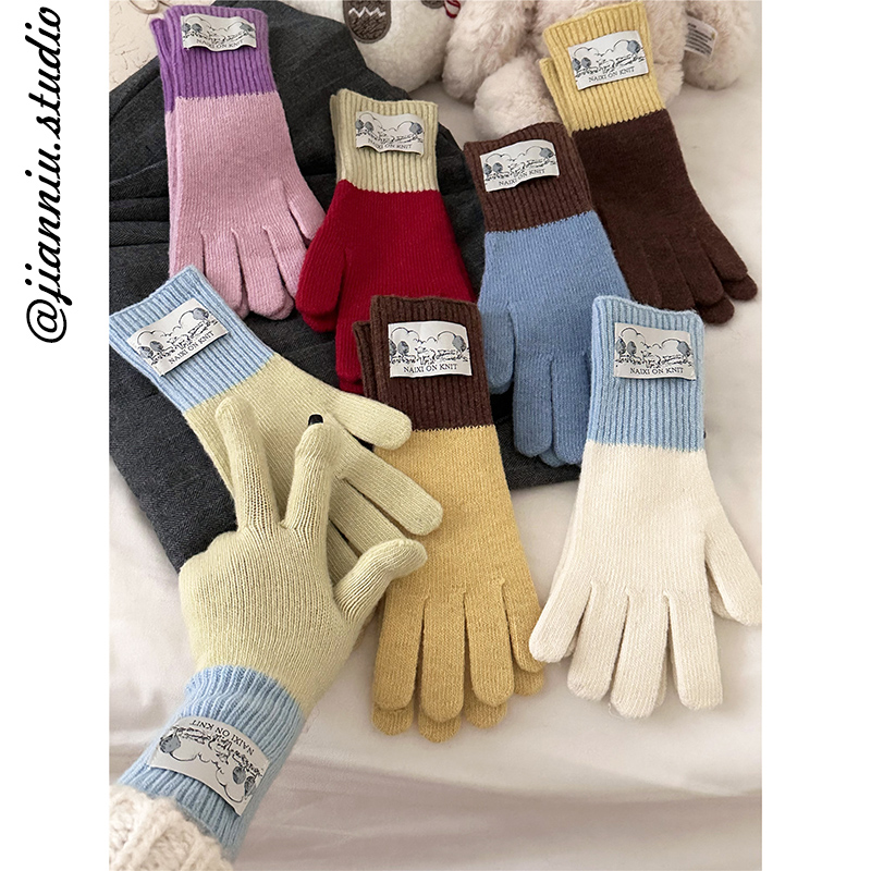 韩系拼色加长针织手套露指可触屏