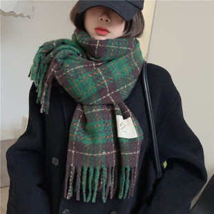 绿色格子围巾女流苏韩版百搭仿羊绒两用加长加厚学生冬季围脖披肩