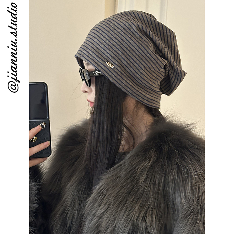 韩版ins复古条纹堆堆帽子包头帽