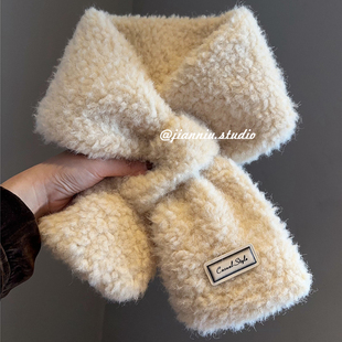 韩版ins可爱毛绒围巾女2025冬季新款百搭学生保暖交叉毛毛围脖