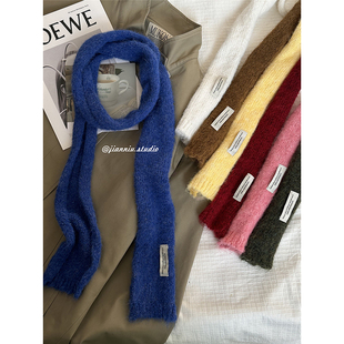 韩国小众设计马海毛细窄围巾辣妹穿搭时髦长条百搭毛线针织围脖潮