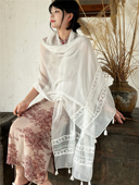 白色民族风刺绣花朵纱巾夏季 旅游百搭高级感复古防晒披肩围巾 薄款