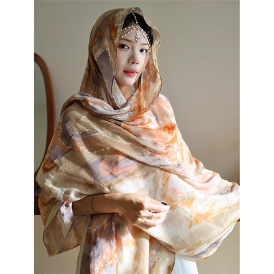 夏季中国风女士烫金棉麻围巾防晒