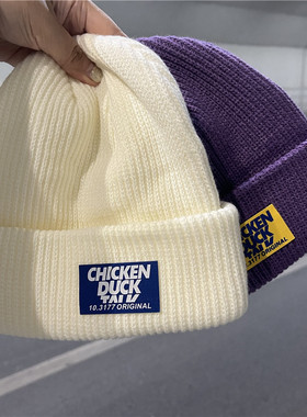 秋冬大头围毛线帽子女情侣针织帽黑色百搭冷帽美式街头护耳包头帽