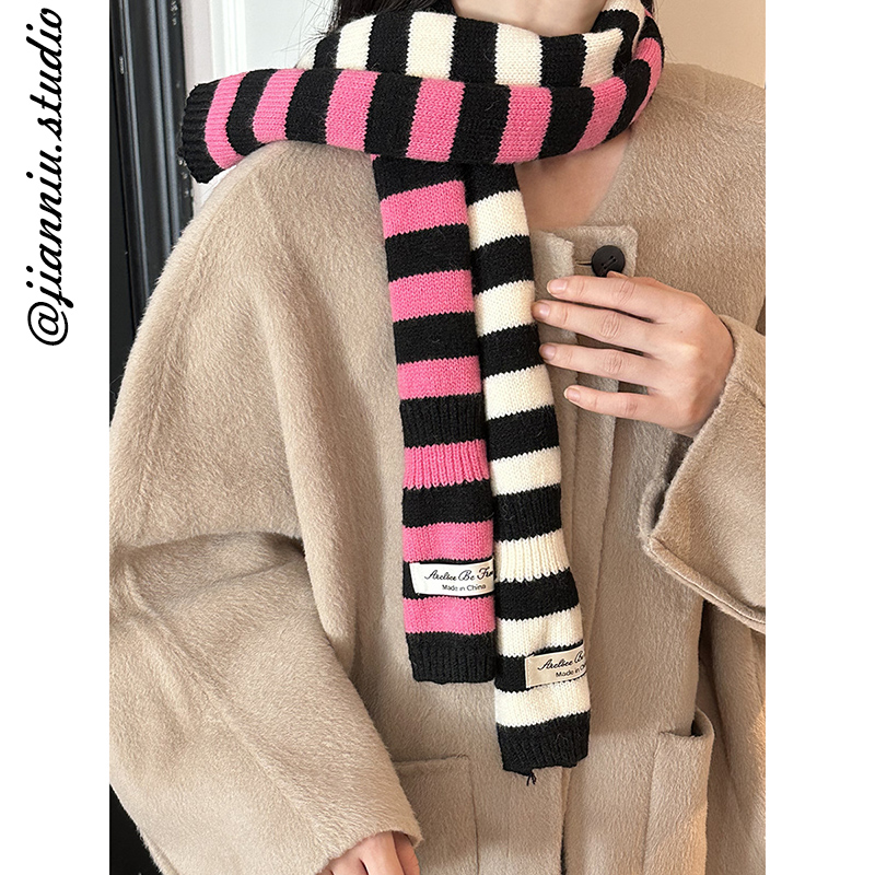 韩版ins风撞色条纹细窄长条交叉小围巾女秋冬新款保暖护颈围脖潮