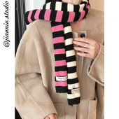 韩版 ins风撞色条纹细窄长条交叉小围巾女秋冬新款 保暖护颈围脖潮