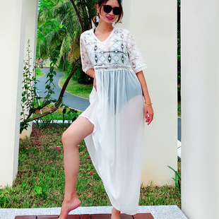 清仓蕾丝拼雪纺沙滩裙沙滩外套比基尼罩衫 泳衣外搭度假防晒衣