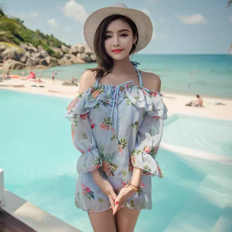 小胸聚拢带钢托比基尼性感遮肉显瘦三件套泳衣温泉泳装女