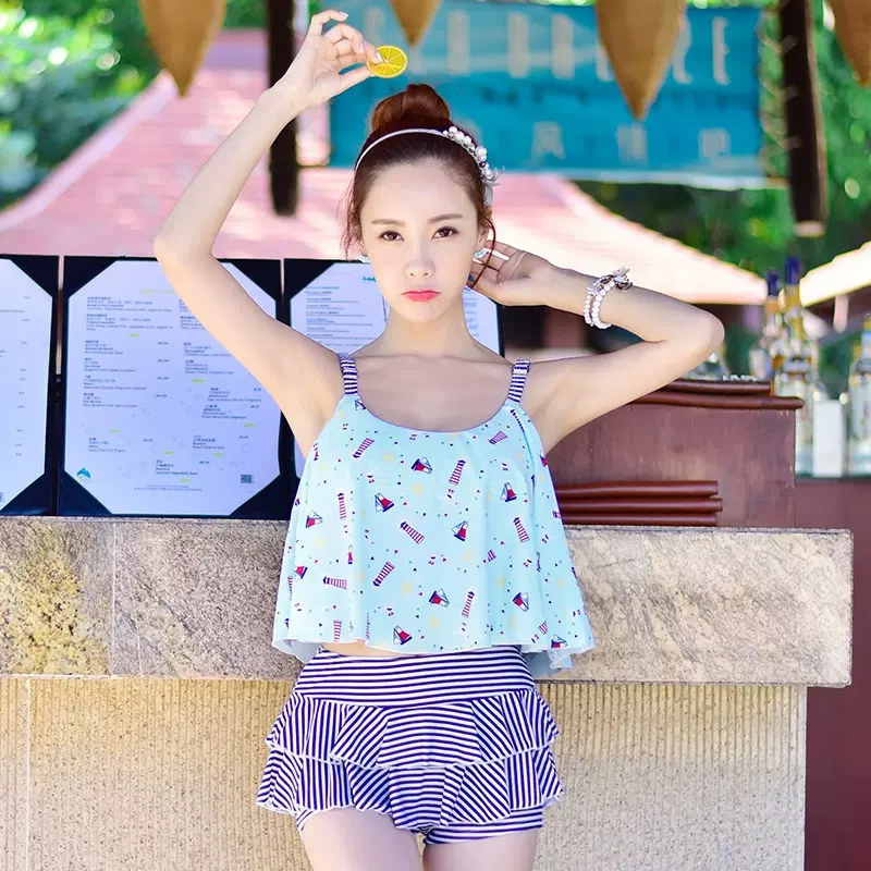 断码清仓显瘦露肚脐分体泳衣吊带露肩比基尼带钢托小胸短裙式泳装