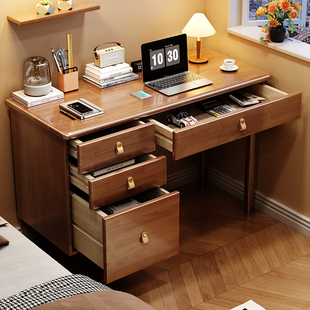 实木书桌家用卧室电脑桌书房学习工作台带抽屉储物柜一体中古桌子