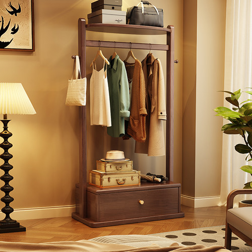 实木衣帽架带抽屉收纳一体挂衣架