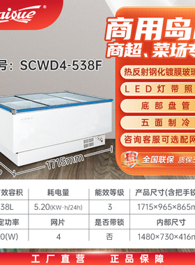 白雪岛柜商超菜场超大冰柜冷冻柜玻璃展示商用1.7-3.5米538/738L