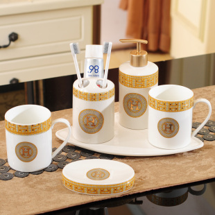 陶瓷情侣杯套装 水杯家用生日礼品酒店洗漱用5件套礼品 漱口杯套装