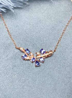 天然坦桑石吊坠925银镶女时尚日韩百搭轻奢锁骨链饰品送女友礼物