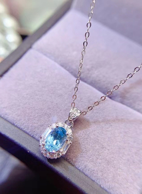 新款上新天然瑞士蓝托帕石吊坠925银镶嵌女海蓝宝色项链简约时尚