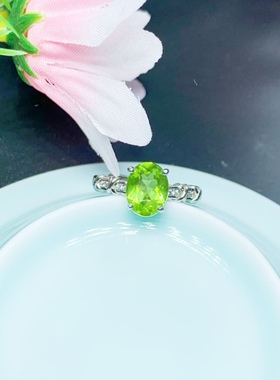 天然橄榄石戒指925银镶嵌女开口轻奢时尚饰品送女友礼物指环