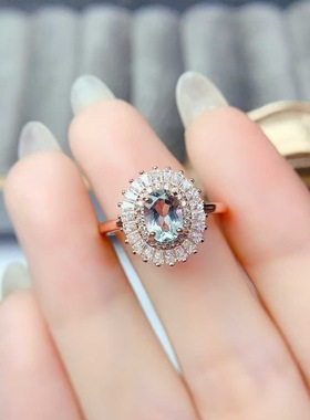 新款天然海蓝宝戒指925银镶嵌女开口日韩轻奢饰品送女友新年礼物