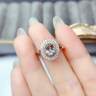 新款 天然海蓝宝戒指925银镶嵌女开口日韩轻奢饰品送女友新年礼物