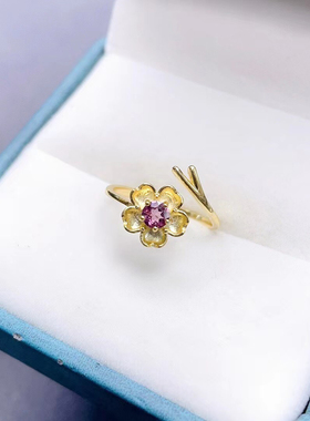 新款925纯银活口戒指镶天然石榴石女日韩时尚小花简约饰品指环