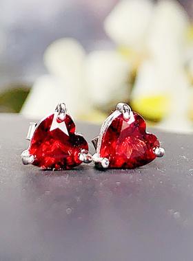 925纯银镀金耳钉女款红色爱心石榴石耳饰时尚简约气质百搭个性