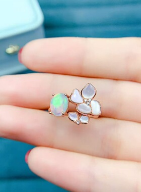 天然欧泊戒指925银镶嵌开口女日韩简约时尚饰品