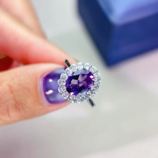 新款 轻奢饰品送女友新年礼物 天然紫水晶戒指925银镶嵌女开口时尚