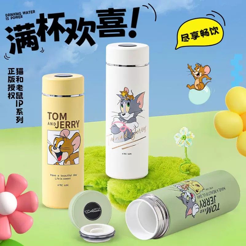 康纳斯儿童保温杯猫和老鼠真陶瓷内胆带茶隔校园户外便携卡通送礼