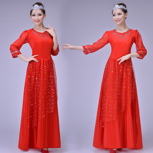 大合唱演出服女长款连衣裙红色烫钻礼服中老年合唱团表演服饰新款