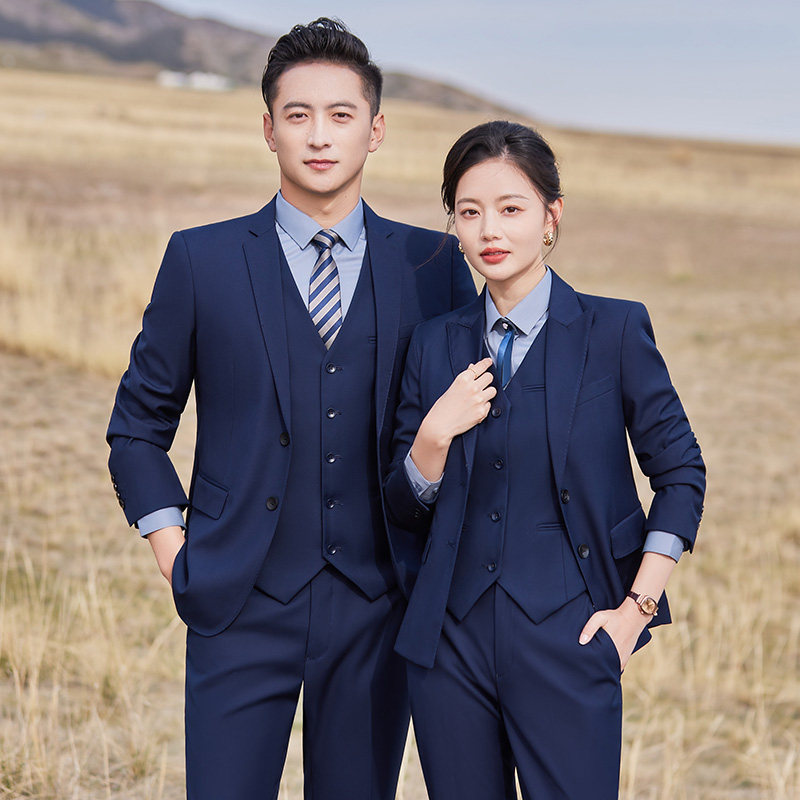 男女同款宝蓝色西装套装2024新款4s店销售秋冬修身职业正装工作服