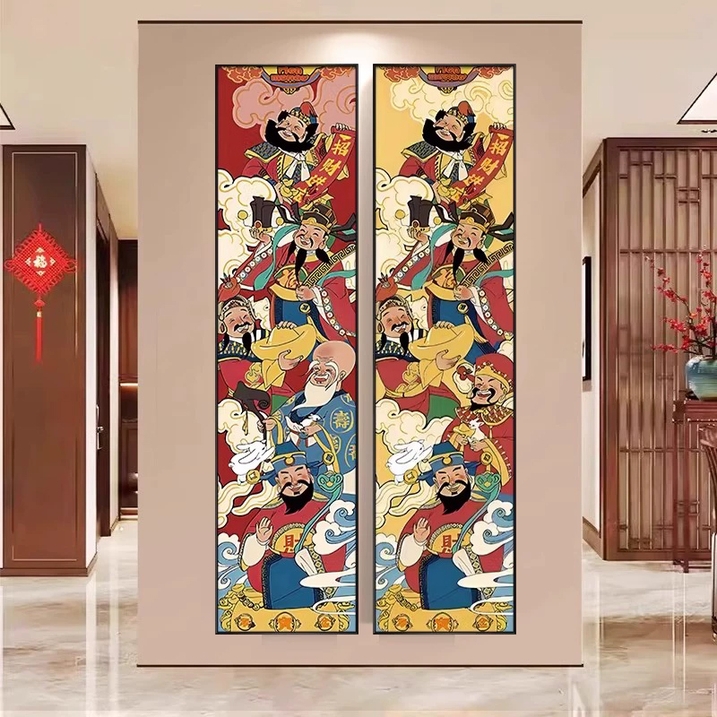 五路财神客厅壁画走廊过道五福临门挂画玄关装饰画入户正对门红色