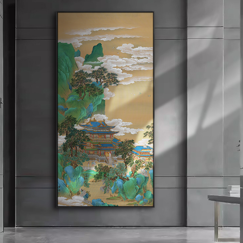 创新复大堂过道玄关楼阁中式酒店别墅宫廷原装饰画古建筑挂画山水图片