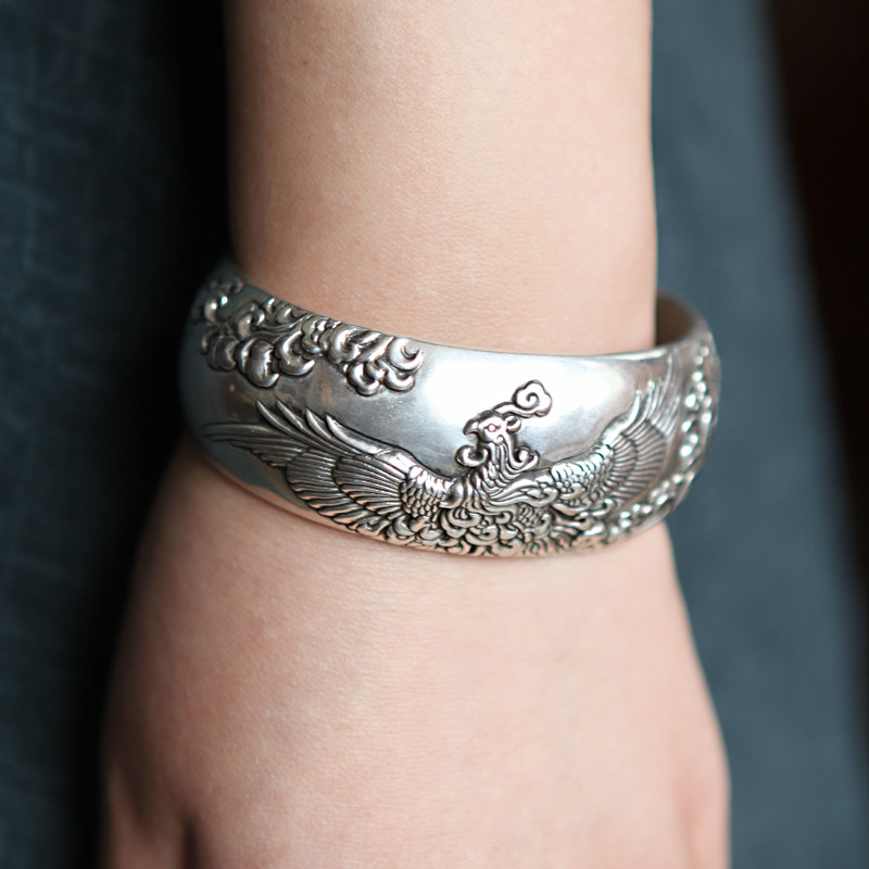 喜月手工纯银饰品 原创设计定制复古99足银凤凰涅槃开口宽手镯 女