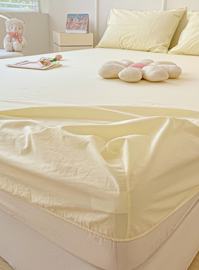 ins奶黄色简约水洗棉床笠单件薄款床罩床垫保护套防尘非全棉纯棉3