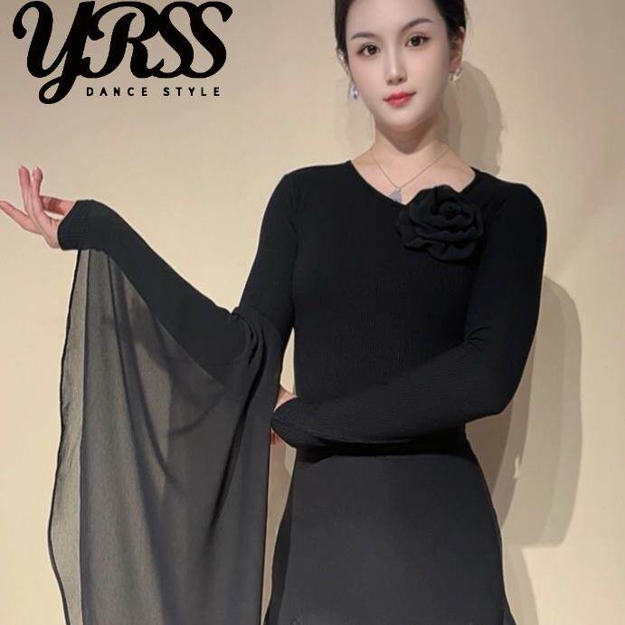 YRSS摩登舞服上衣软棉斜方领打底衫雪纺喇叭长飘袖练习练功训练服