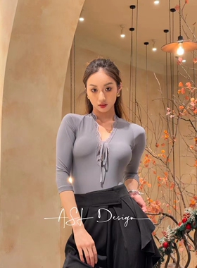 ASL国标摩登舞服练功练习训练服蕾丝V领长袖上衣胸垫连体灰色